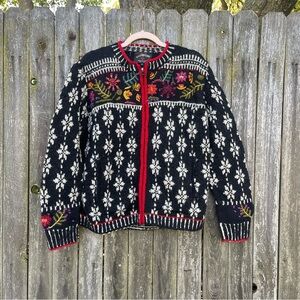 Lost Horizons Wool Cardigan Sweater Hand Knit Nepal Floral Embroidered Boho | L